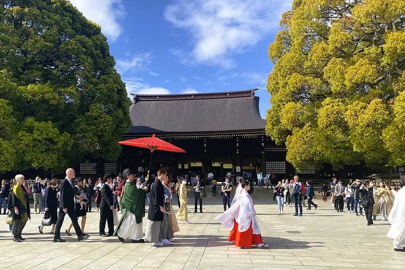 Cortejo de una boda tradicional en el santuario Meiji
